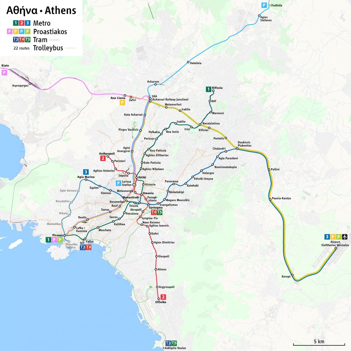 Atenas, de metro e de eléctrico mapa