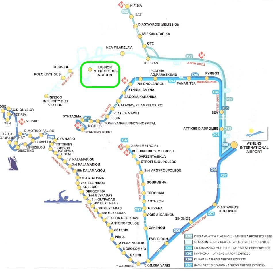 mapa de liosion estação de autocarro Atenas 