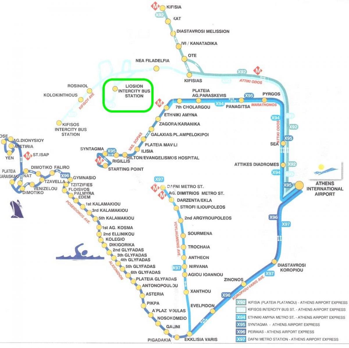 mapa de liosion estação de autocarro Atenas 